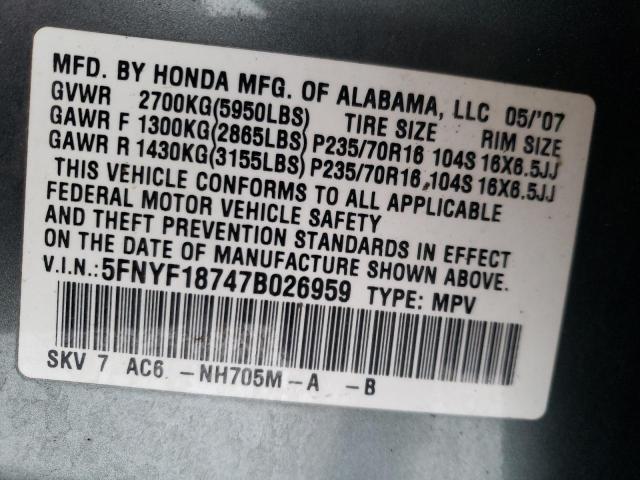 5FNYF18747B026959 | 2007 Honda pilot exl