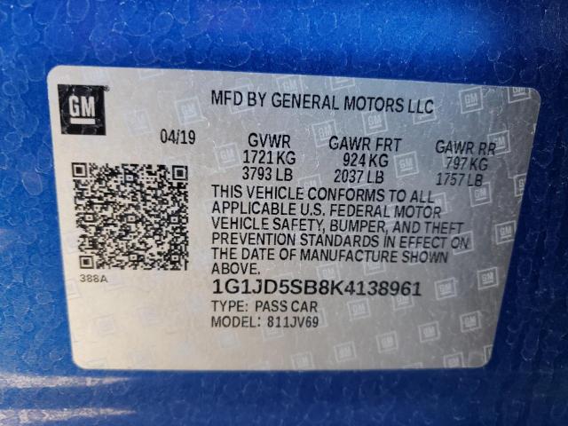 1G1JD5SB8K4138961 | 2019 CHEVROLET SONIC LT