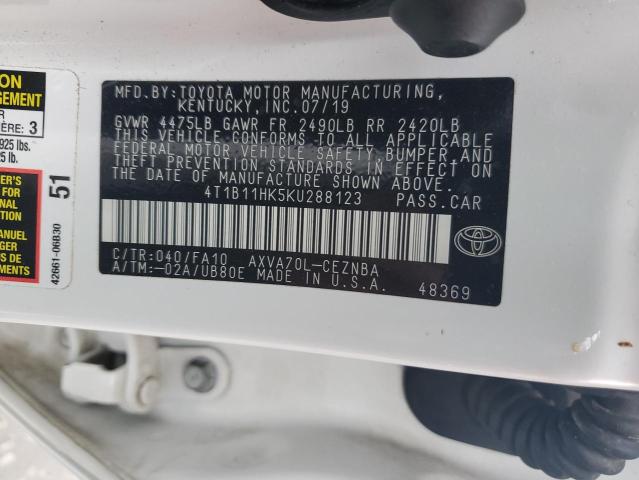 4T1B11HK5KU288123 | 2019 TOYOTA CAMRY L