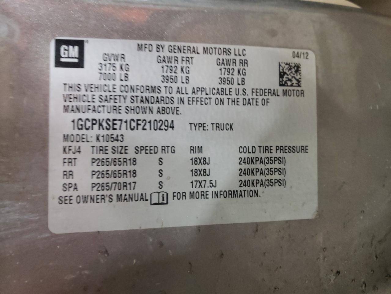 1gcpkse71cf210294 1GCPKSE71CF210294 2012 Chevrolet Silverado K1500 Lt