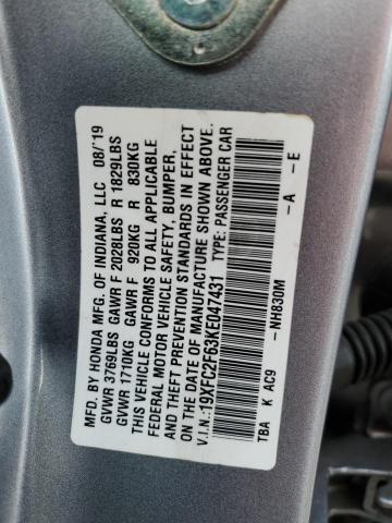 2019 Honda Civic Lx VIN: 19XFC2F63KE047431 Lot: 39523084