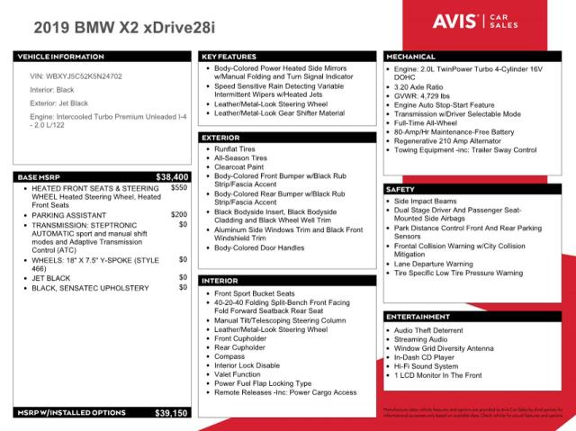 VIN WBXYJ5C52K5N24702 2019 BMW X2, Xdrive28I no.12