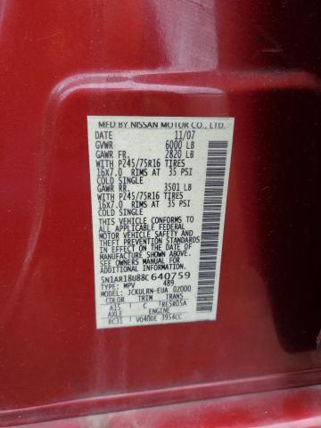 2008 Nissan Pathfinder S VIN: 5N1AR18U88C640759 Lot: 39181374