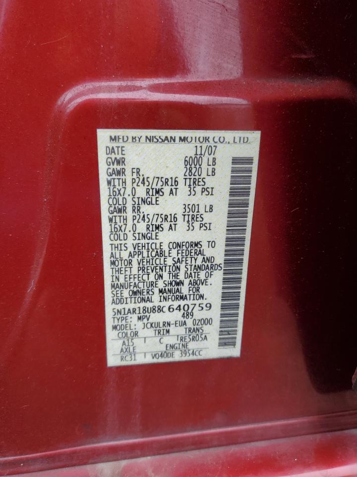 5N1AR18U88C640759 2008 Nissan Pathfinder S