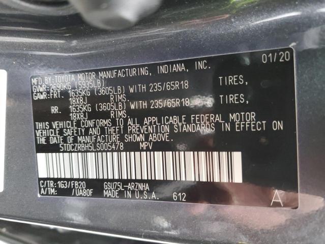 VIN 5TDCZRBH5LS005478 2020 Toyota Highlander, L no.12