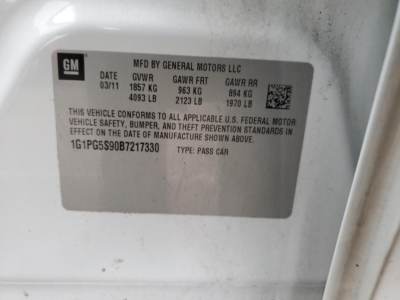 1G1PG5S90B7217330 2011 Chevrolet Cruze Lt