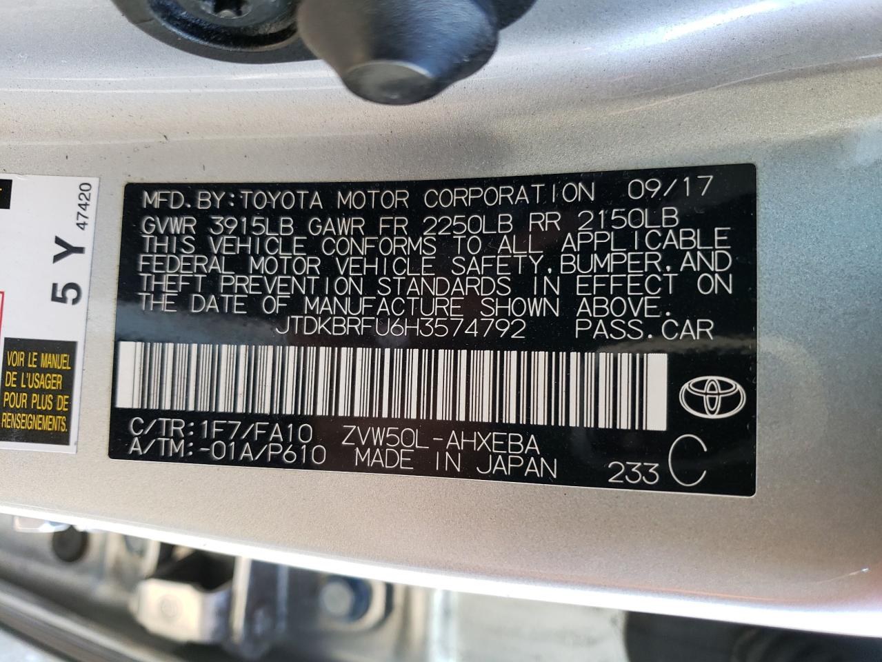 2017 Toyota Prius vin: JTDKBRFU6H3574792