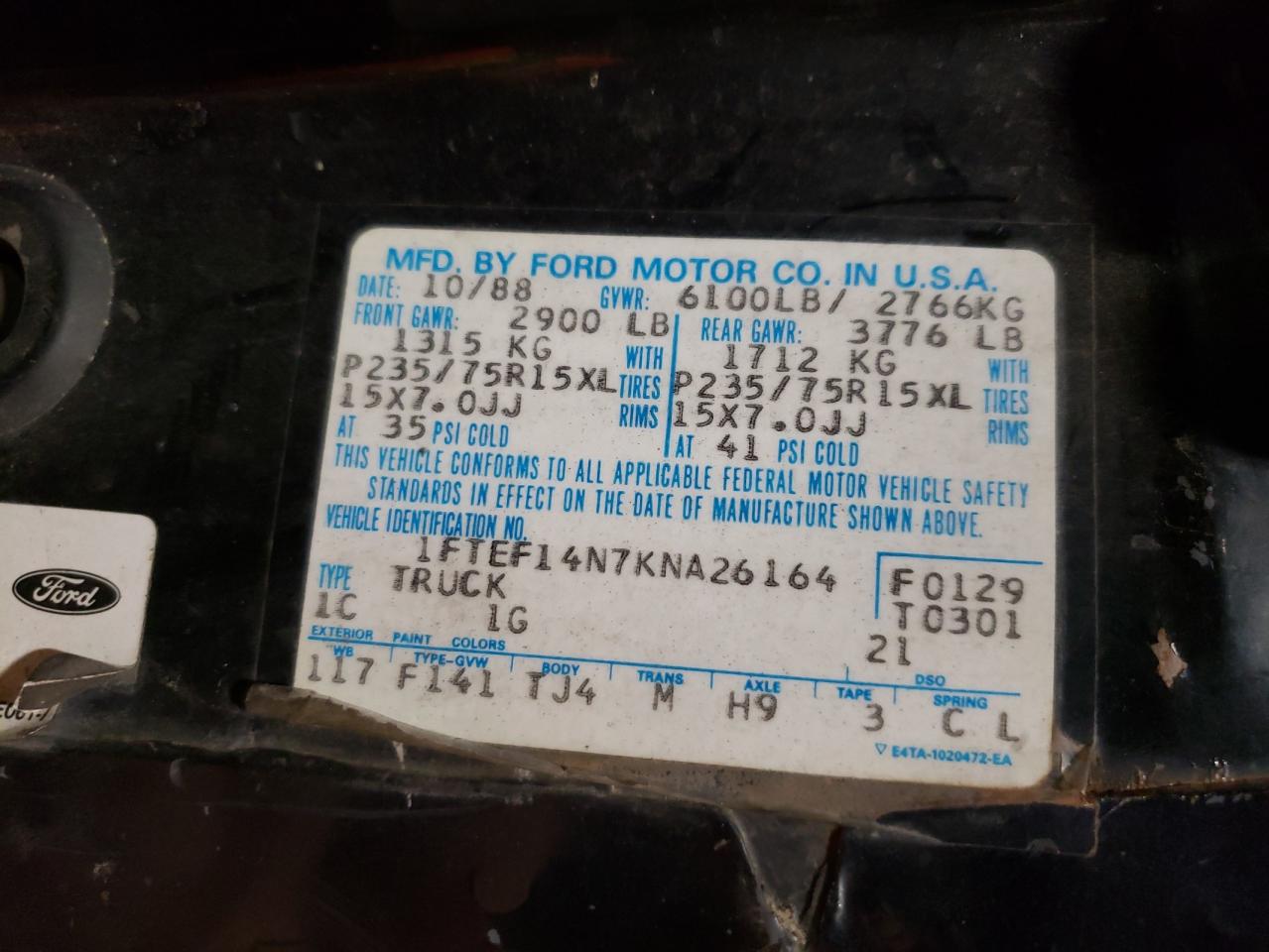 1FTEF14N7KNA26164 1989 Ford F150