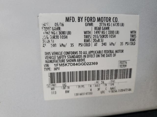 2016 Ford Explorer Xlt VIN: 1FM5K7D84GGD22369 Lot: 37218284