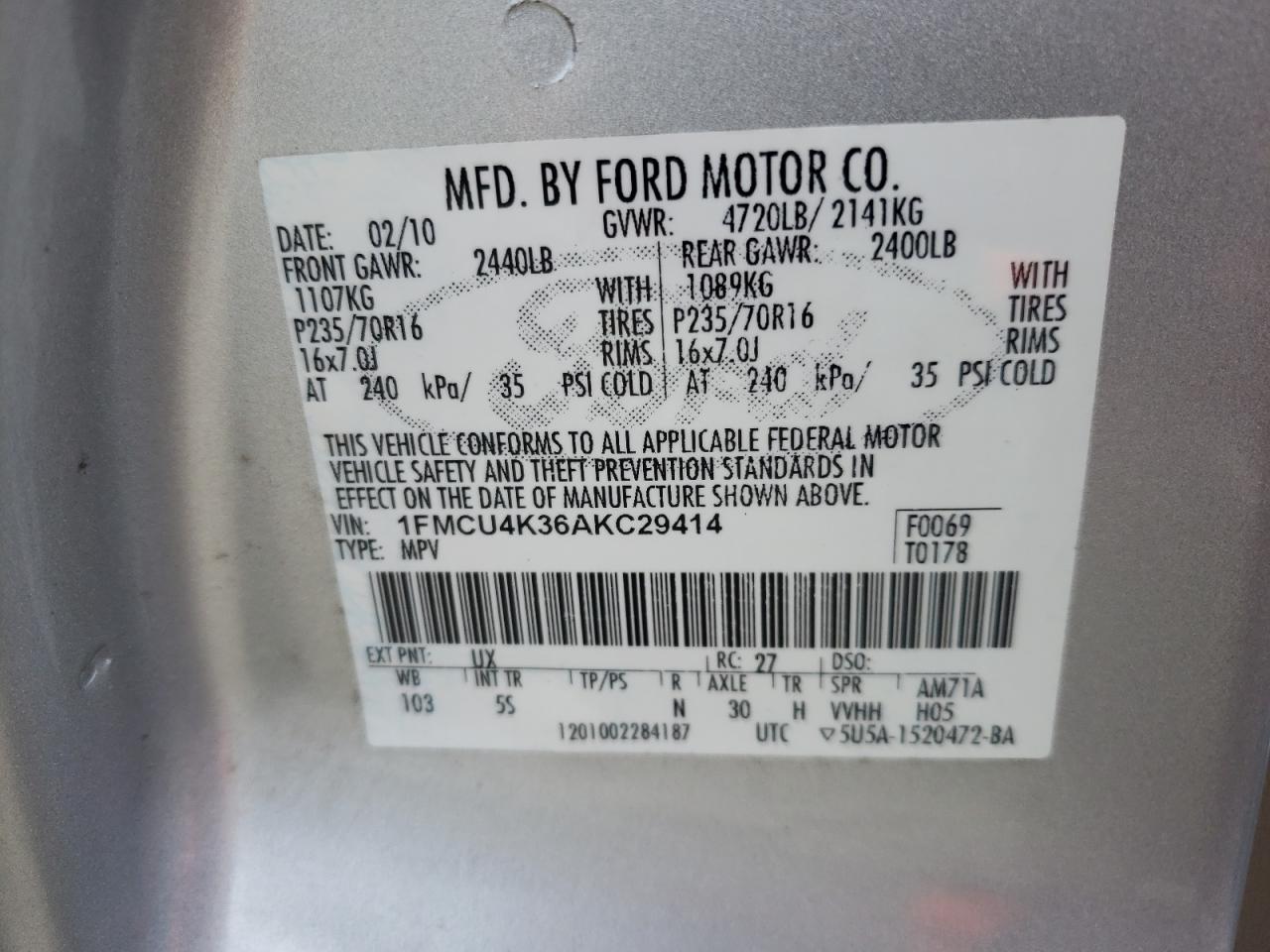 1FMCU4K36AKC29414 2010 Ford Escape Hybrid