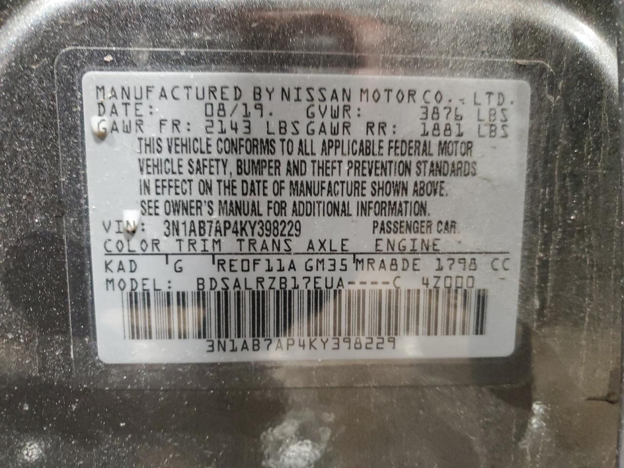 3N1AB7AP4KY398229 2019 Nissan Sentra S