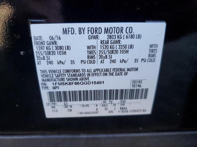 1FM5K8F86GGD15491 | 2016 FORD EXPLORER L