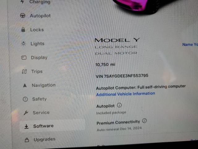 7SAYGDEE3NF553795 | 2022 TESLA MODEL Y