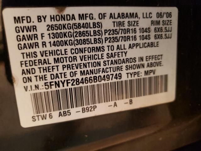 2006 Honda Pilot Ex VIN: 5FNYF28466B049749 Lot: 36958394