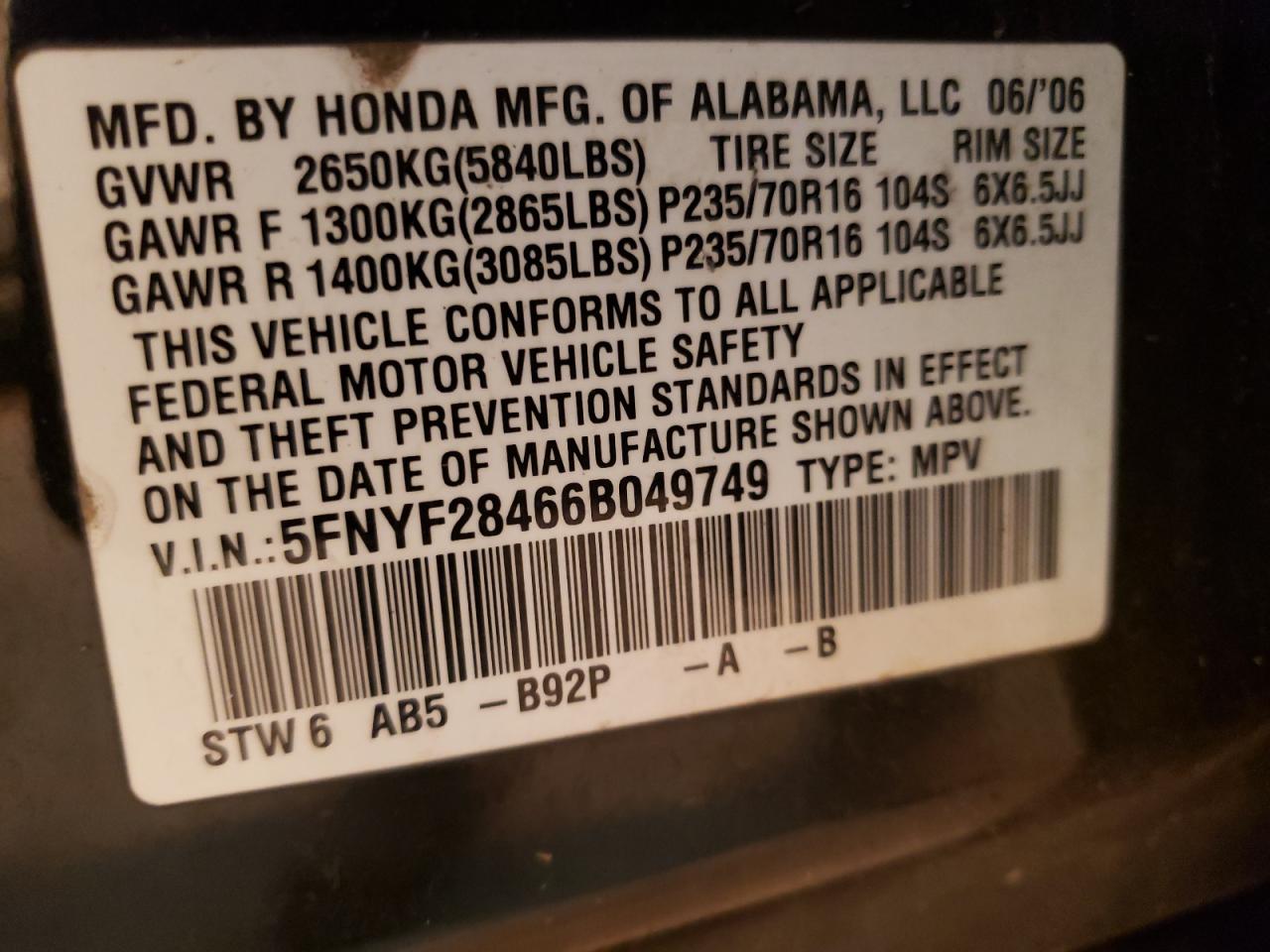 5FNYF28466B049749 2006 Honda Pilot Ex