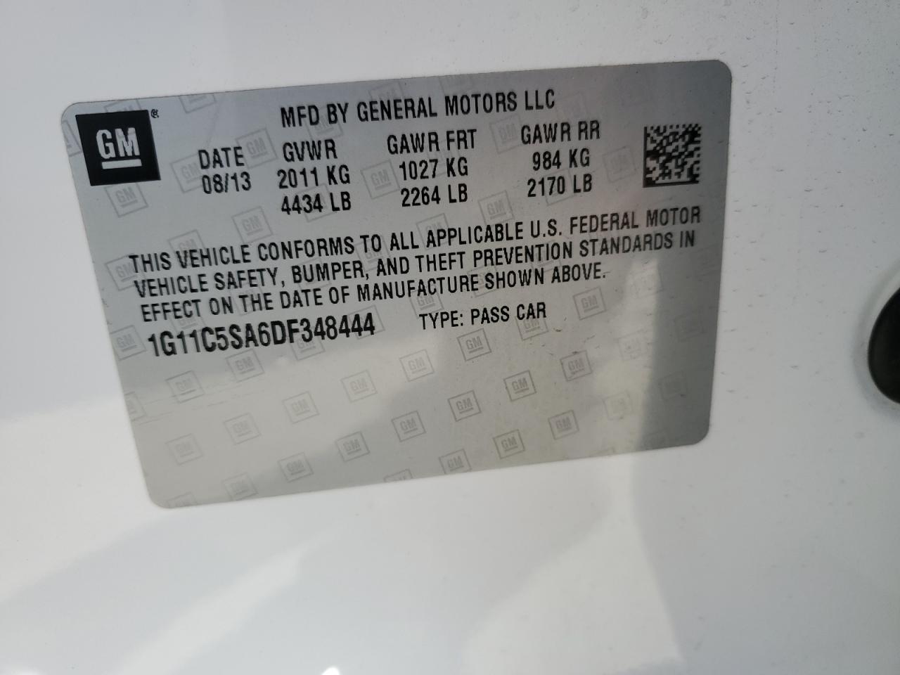1G11C5SA6DF348444 2013 Chevrolet Malibu 1Lt 1G11C5SA6DF348444 2013 Chevrolet Malibu 1Lt