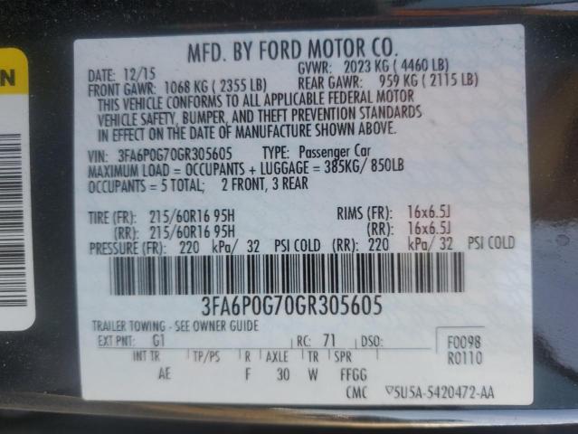 3FA6P0G70GR305605 | 2016 FORD FUSION S