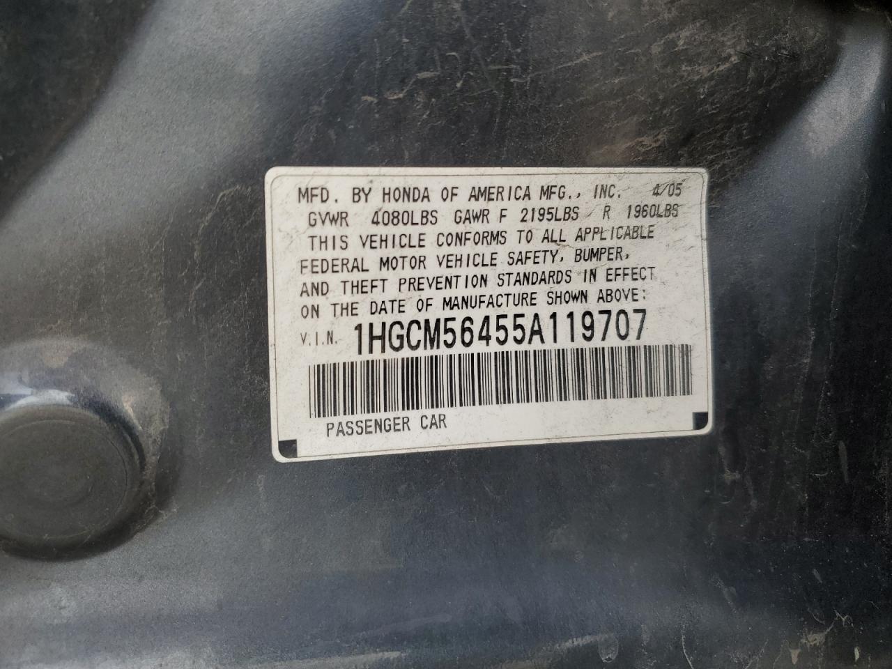 1HGCM56455A119707 2005 Honda Accord Lx