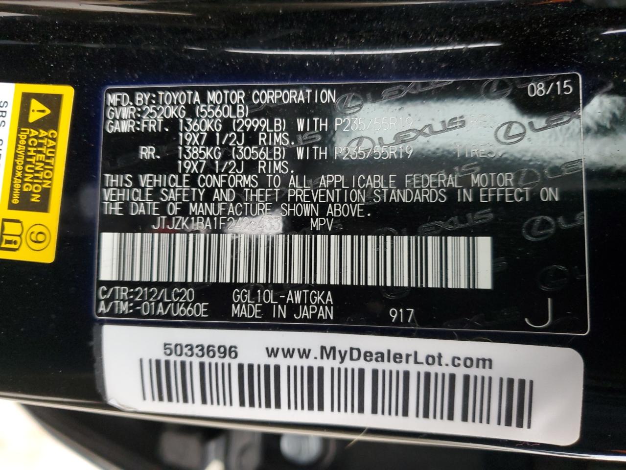 JTJZK1BA1F2426433 2015 Lexus Rx 350