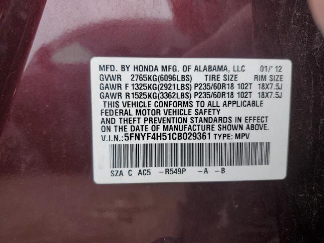 VIN KL77LGEP0SC097476 2012 HONDA PILOT no.13