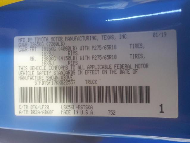 2019 TOYOTA TUNDRA CRE 5TFDY5F17KX822537