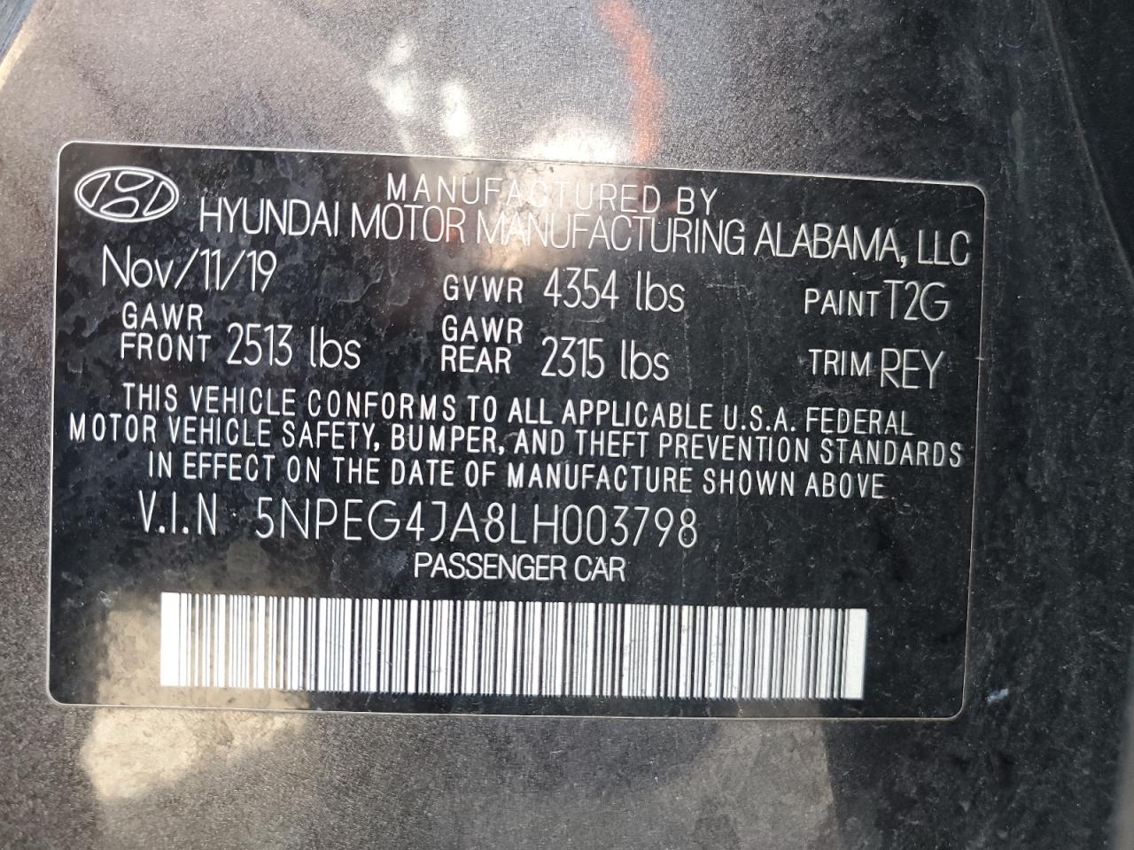 5NPEG4JA8LH003798 2020 Hyundai Sonata Se