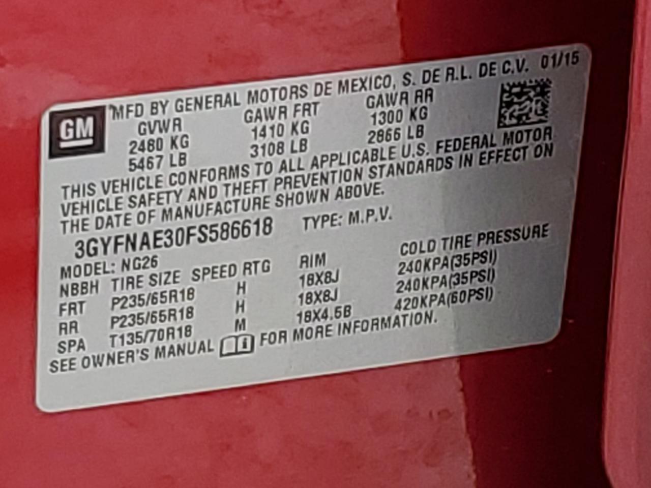 3GYFNAE30FS586618 2015 Cadillac Srx