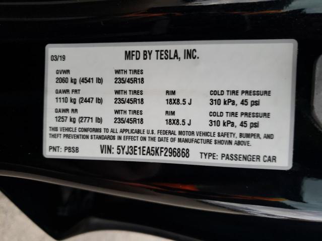 2019 Tesla Model 3 VIN: 5YJ3E1EA5KF296868 Lot: 38149434