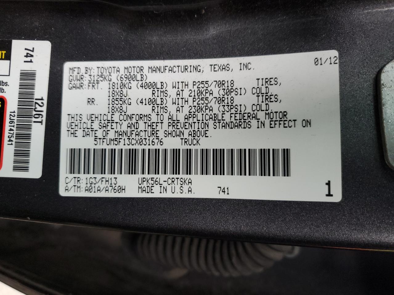 5TFUM5F13CX031676 2012 Toyota Tundra Double Cab Sr5