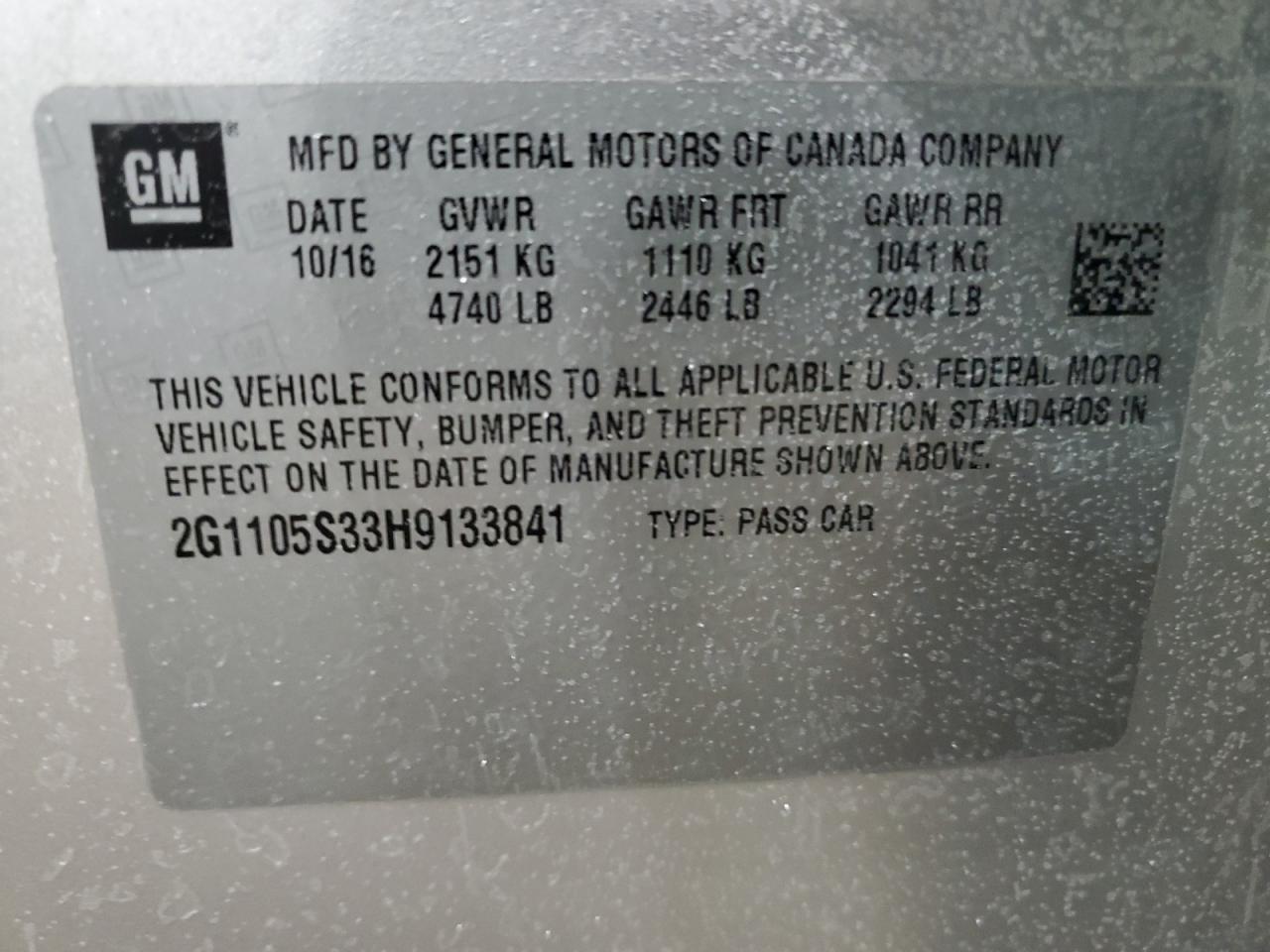 2G1105S33H9133841 2017 Chevrolet Impala Lt