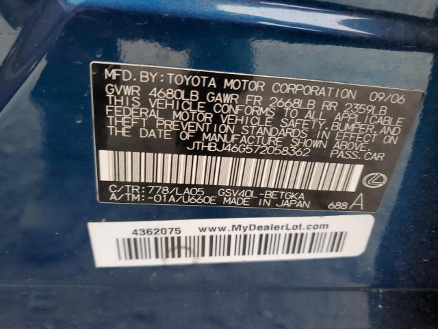 2007 Lexus Es 350 VIN: JTHBJ46G572058362 Lot: 82672003