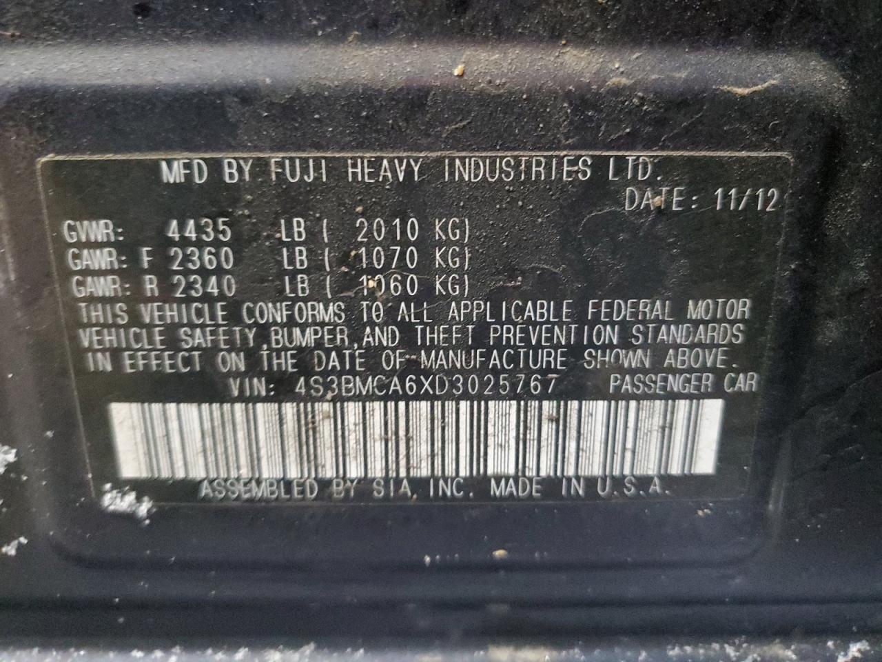 4S3BMCA6XD3025767 2013 Subaru Legacy 2.5I