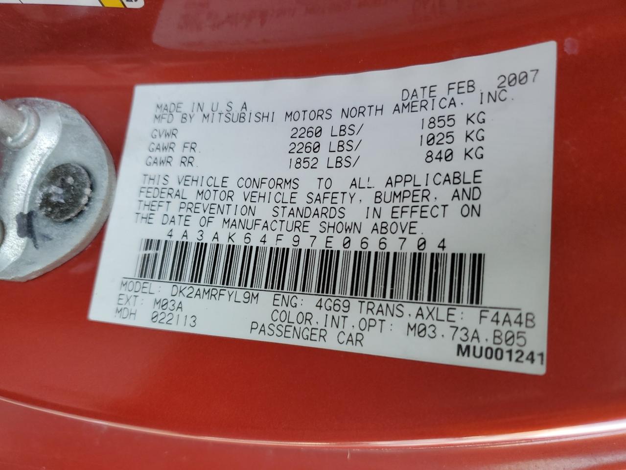 4A3AK64F97E066704 2007 Mitsubishi Eclipse Es 4A3AK64F97E066704 2007 Mitsubishi Eclipse Es