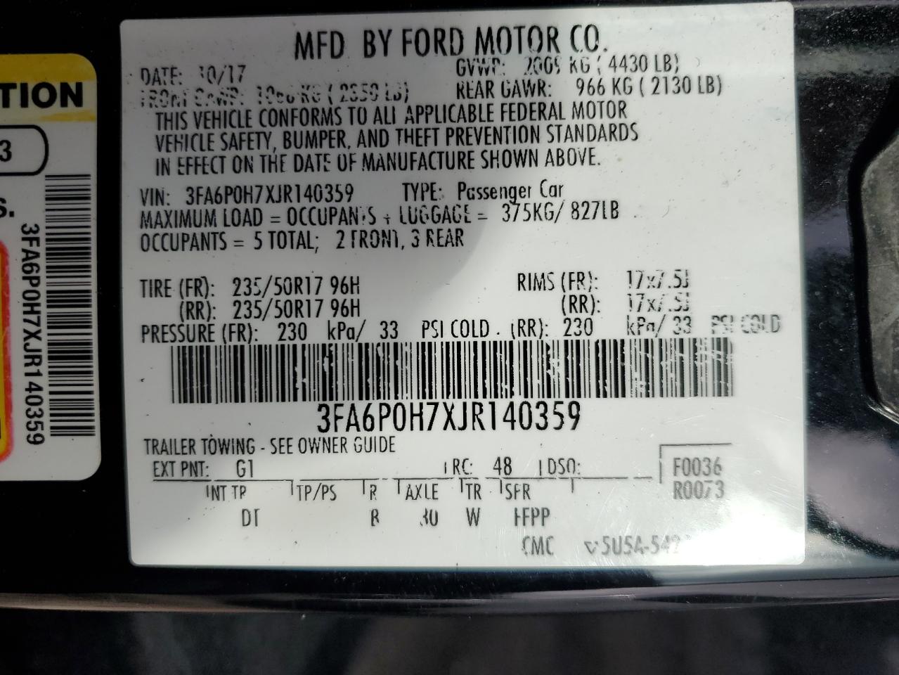 VIN: 3FA6P0H7XJR140359 2018 FORD FUSION