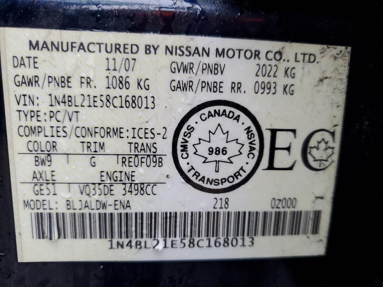1N4BL21E58C168013 2008 Nissan Altima 3.5Se