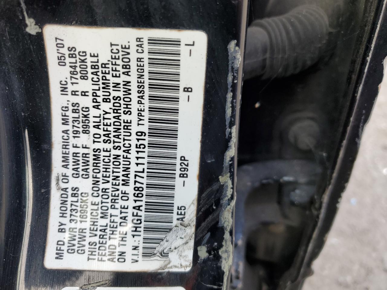 1hgfa16877l111519 1HGFA16877L111519 2007 Honda Civic Ex