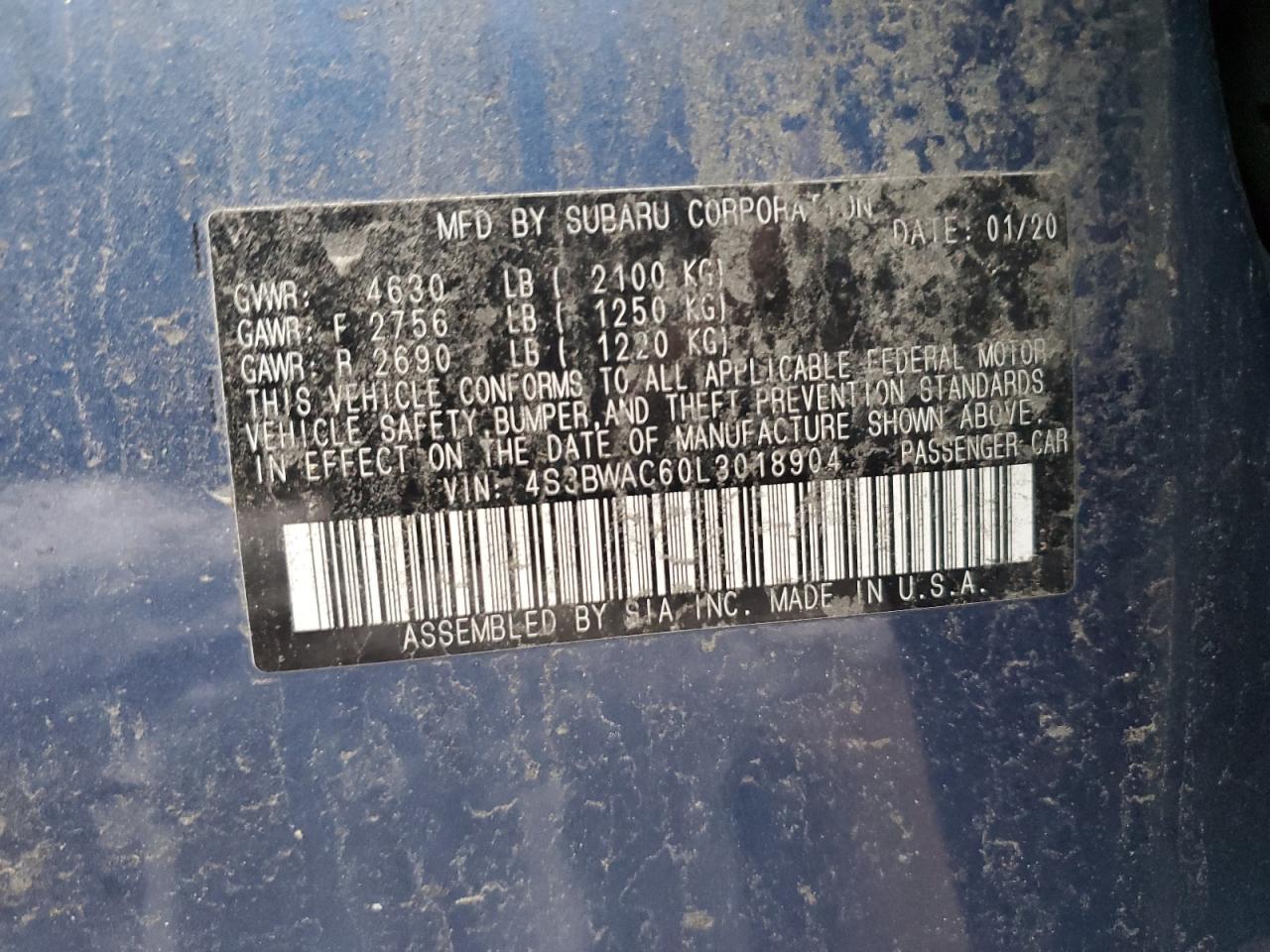 4S3BWAC60L3018904 2020 Subaru Legacy Premium