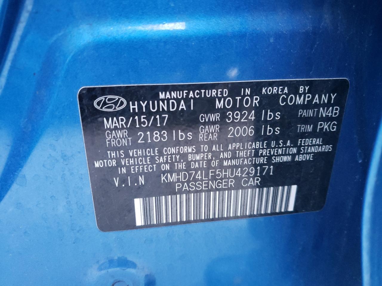 KMHD74LF5HU429171 2017 Hyundai Elantra Se