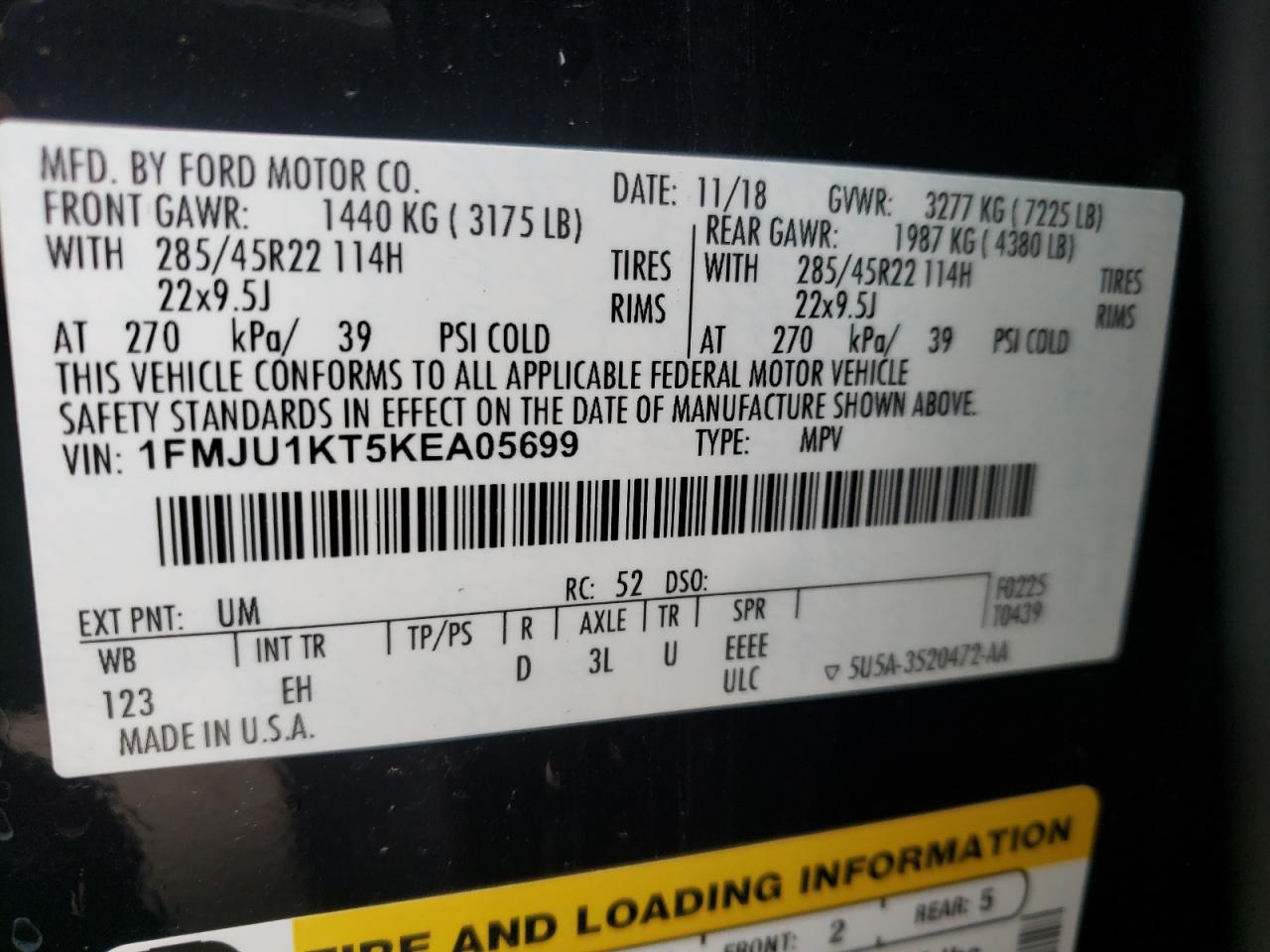VIN: 1FMJU1KT5KEA05699 2019 FORD EXPEDITION