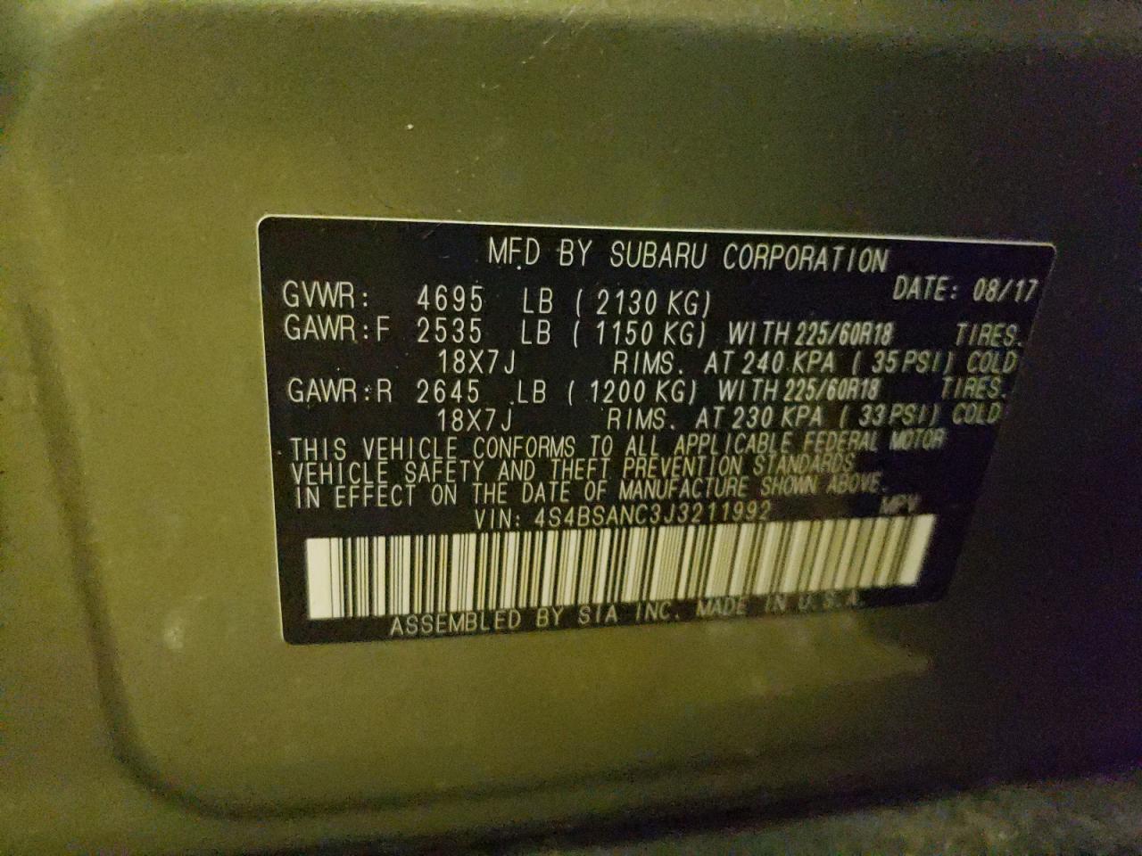 2018 Subaru Outback 2.5I Limited vin: 4S4BSANC3J3211992