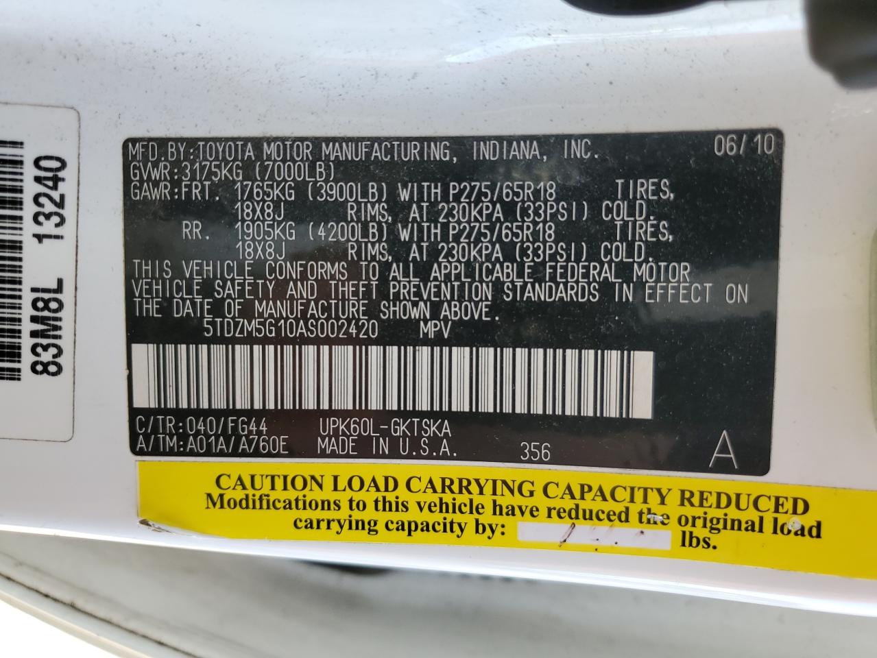 5TDZM5G10AS002420 2010 Toyota Sequoia Sr5