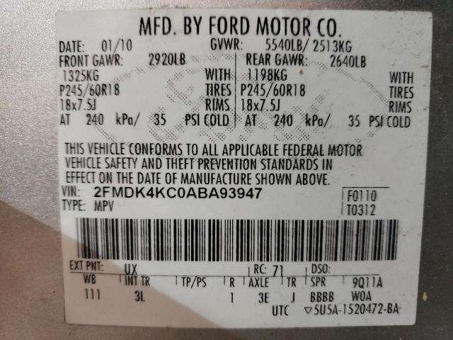 2010 Ford Edge Limited VIN: 2FMDK4KC0ABA93947 Lot: 55258064