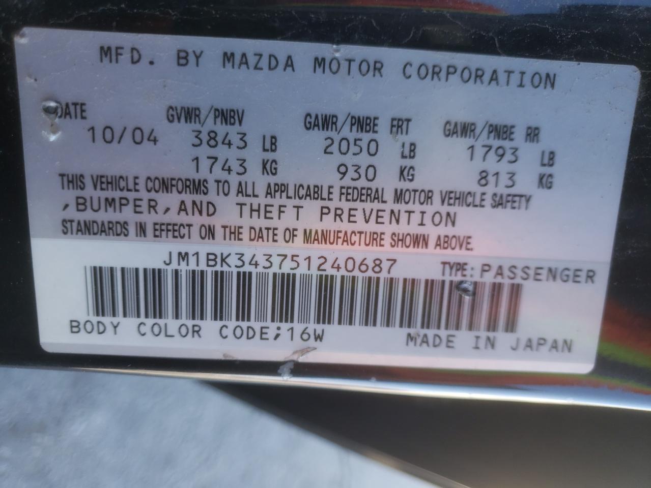 JM1BK343751240687 2005 Mazda 3 Hatchback