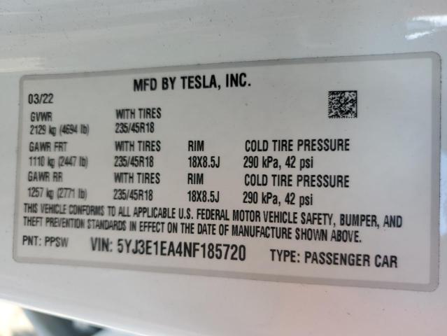 5YJ3E1EA4NF185720 | 2022 TESLA MODEL 3