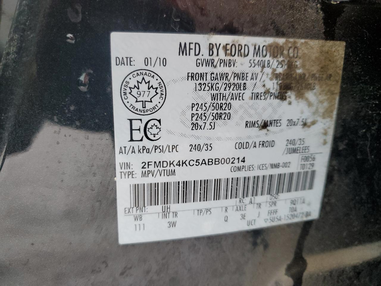 2FMDK4KC5ABB00214 2010 Ford Edge Limited