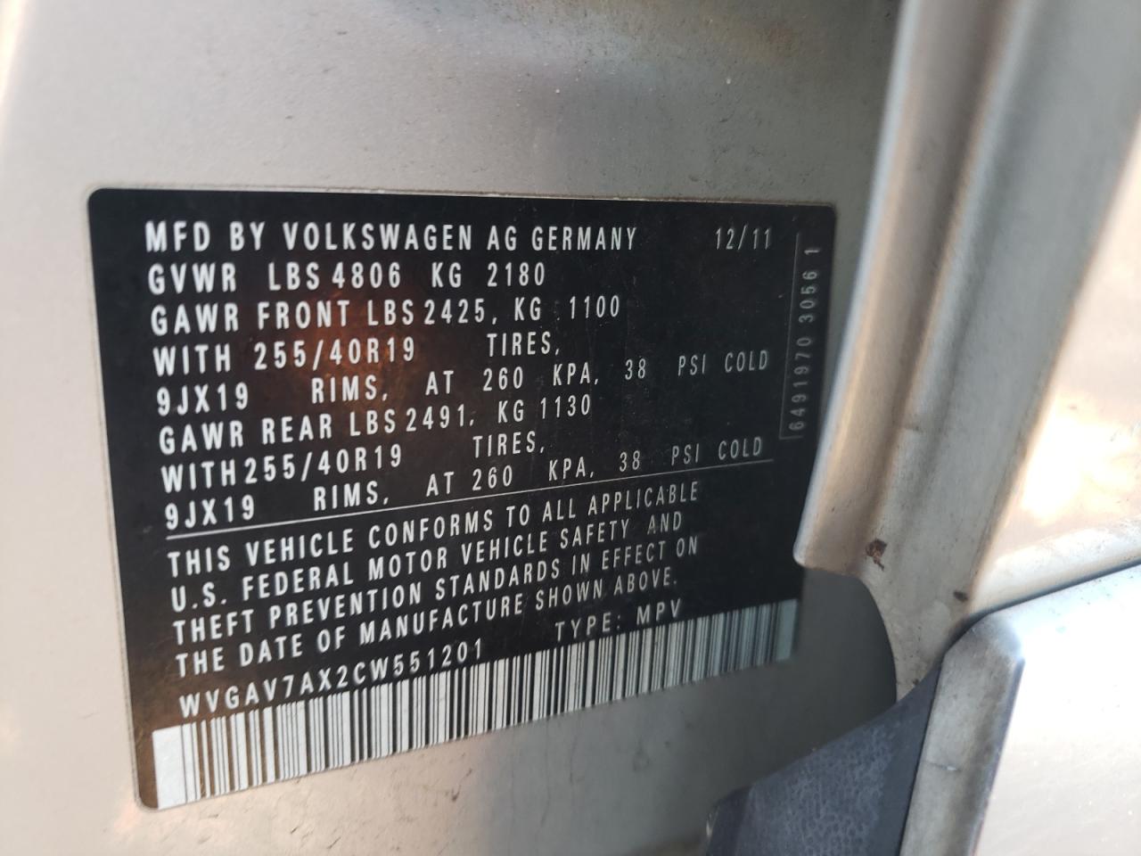 WVGAV7AX2CW551201 2012 Volkswagen Tiguan S