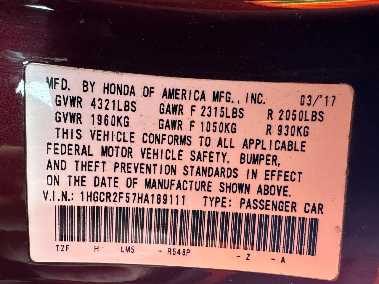 1HGCR2F57HA189111 HONDA ACCORD 2017