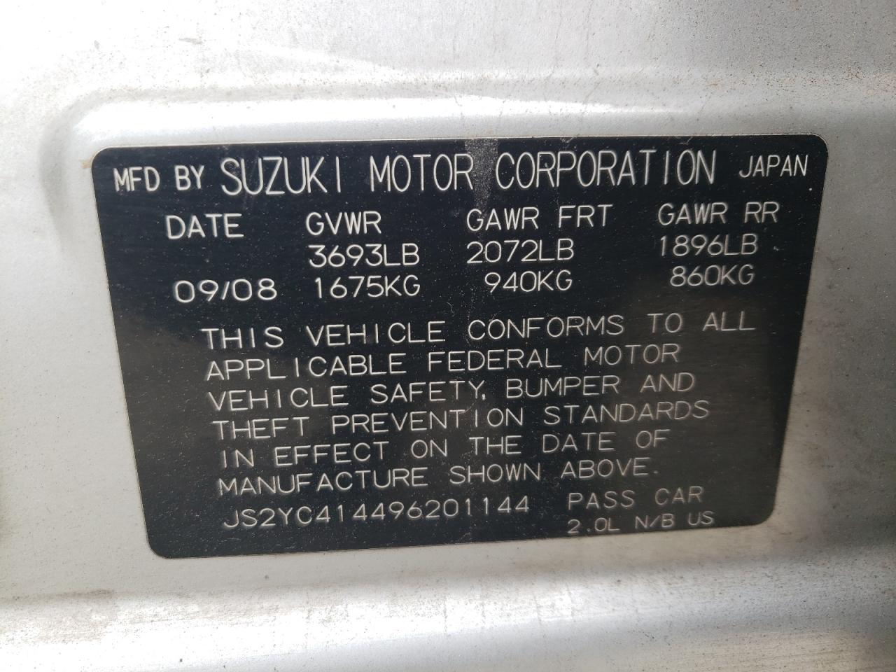 JS2YC414496201144 2009 Suzuki Sx4 Sport