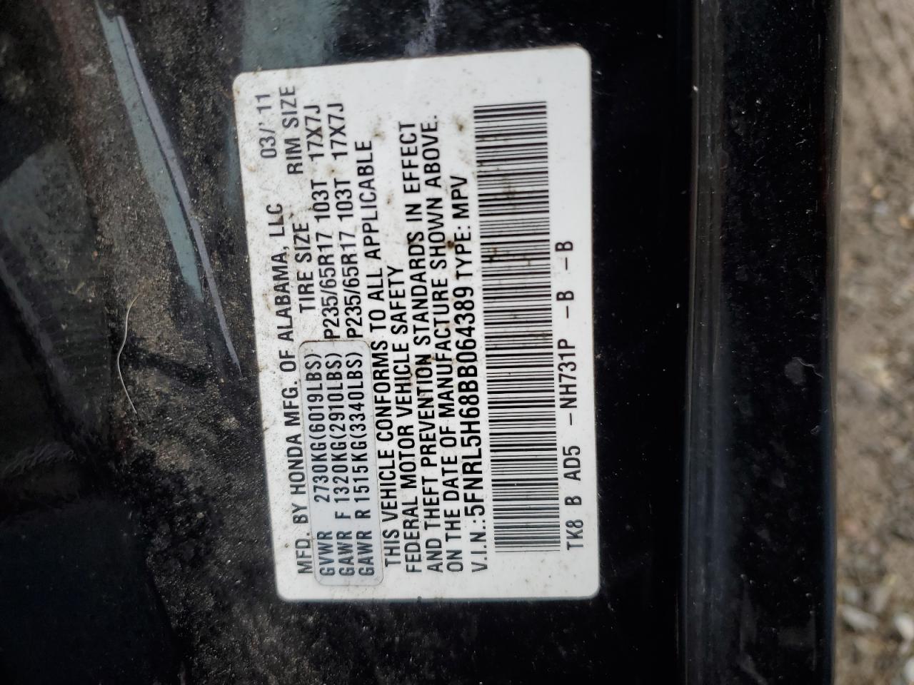 5FNRL5H68BB064389 2011 Honda Odyssey Exl
