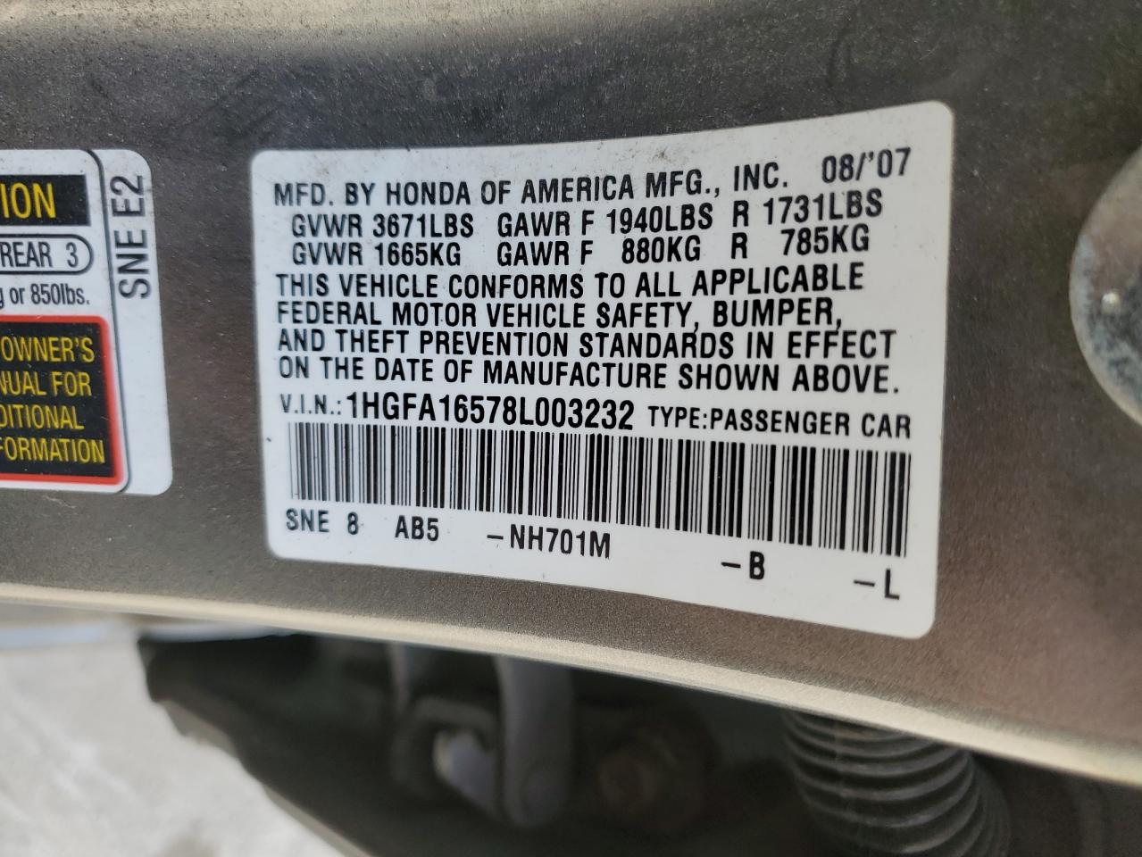 1HGFA16578L003232 2008 Honda Civic Lx